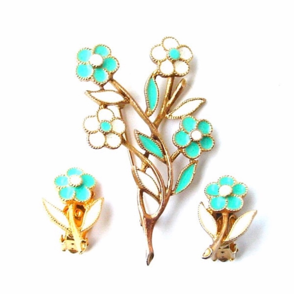 Jewelry Set Brooch Earrings White Turquoise